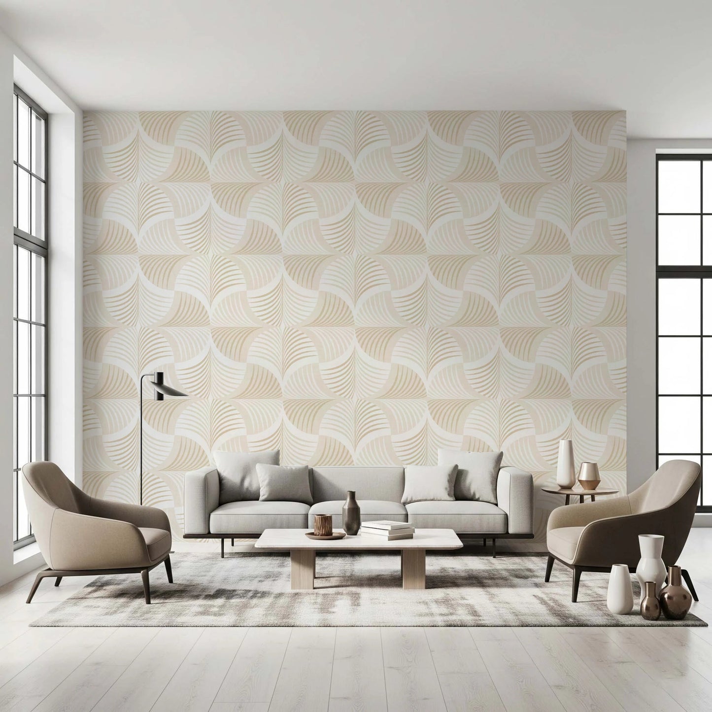 Art Deco Botanical Palm Fan Soft White Beige wallpaper behind a grey sofa and beige armchairs in a living room