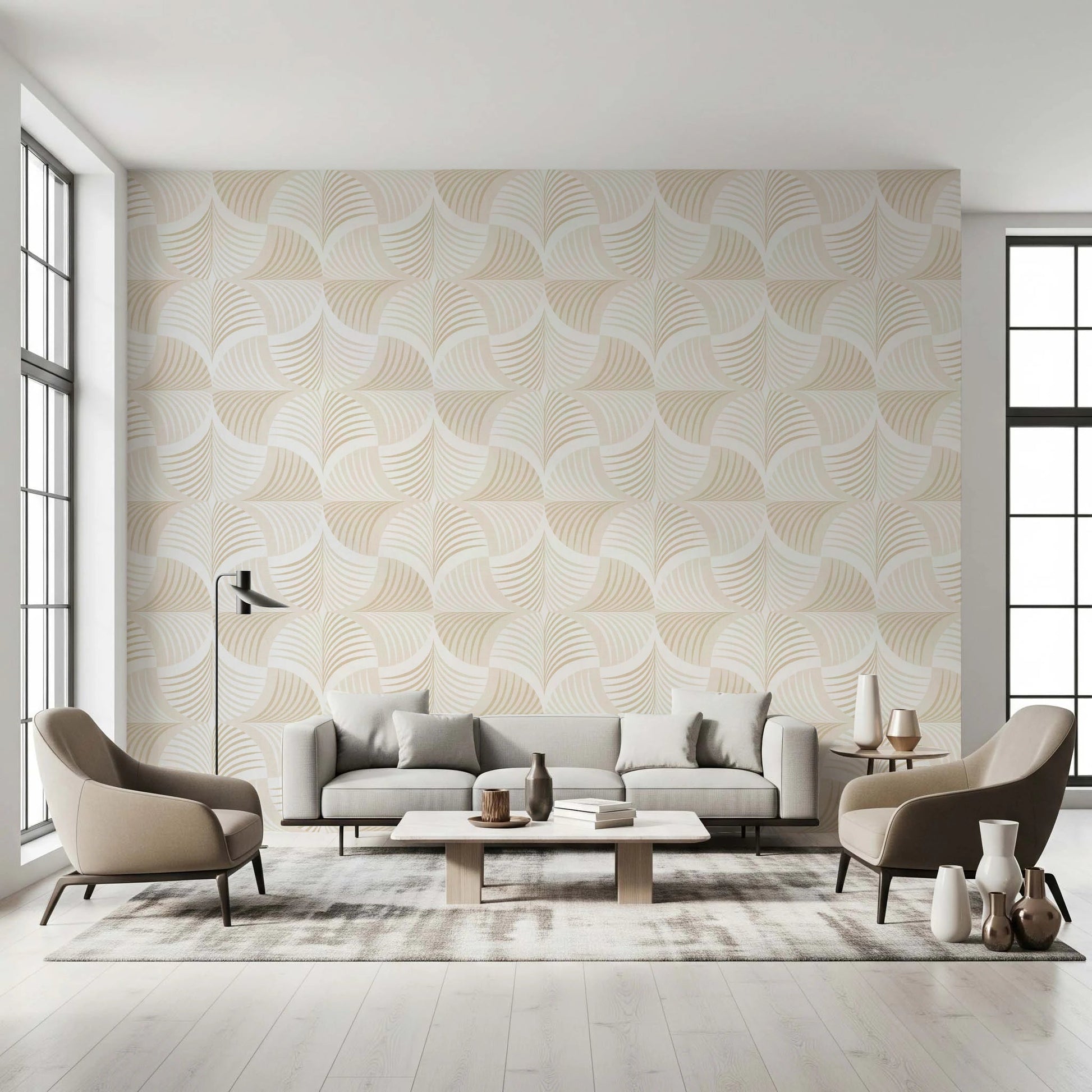 Art Deco Botanical Palm Fan Soft White Beige wallpaper behind a grey sofa and beige armchairs in a living room