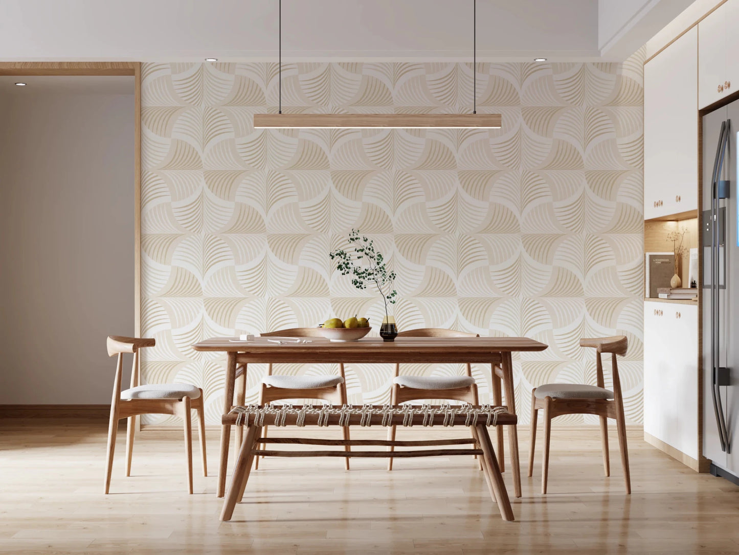 Art Deco Botanical Palm Fan Soft White Beige wallpaper behind a wood dining table and bench in a kitchen