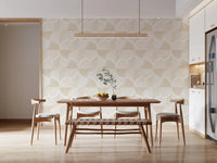 Art Deco Botanical Palm Fan Soft White Beige wallpaper behind a wood dining table and bench in a kitchen