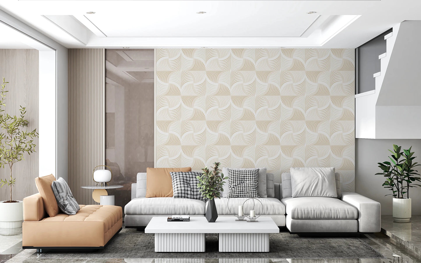 Art Deco Botanical Palm Fan Soft White Beige wallpaper behind a grey sectional and tan leather bench