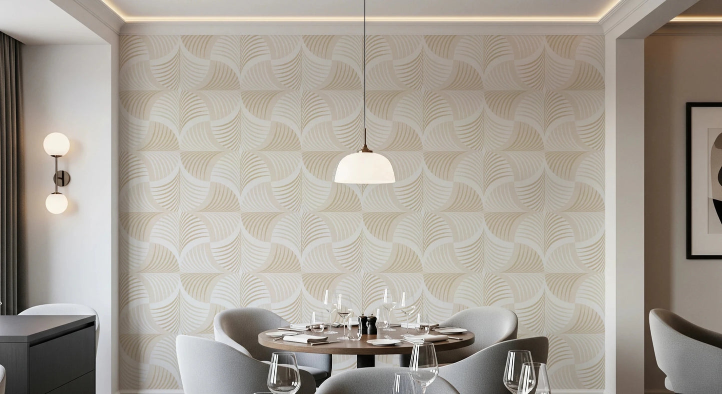 Art Deco Botanical Palm Fan Soft White Beige wallpaper behind a round dining table and grey chairs