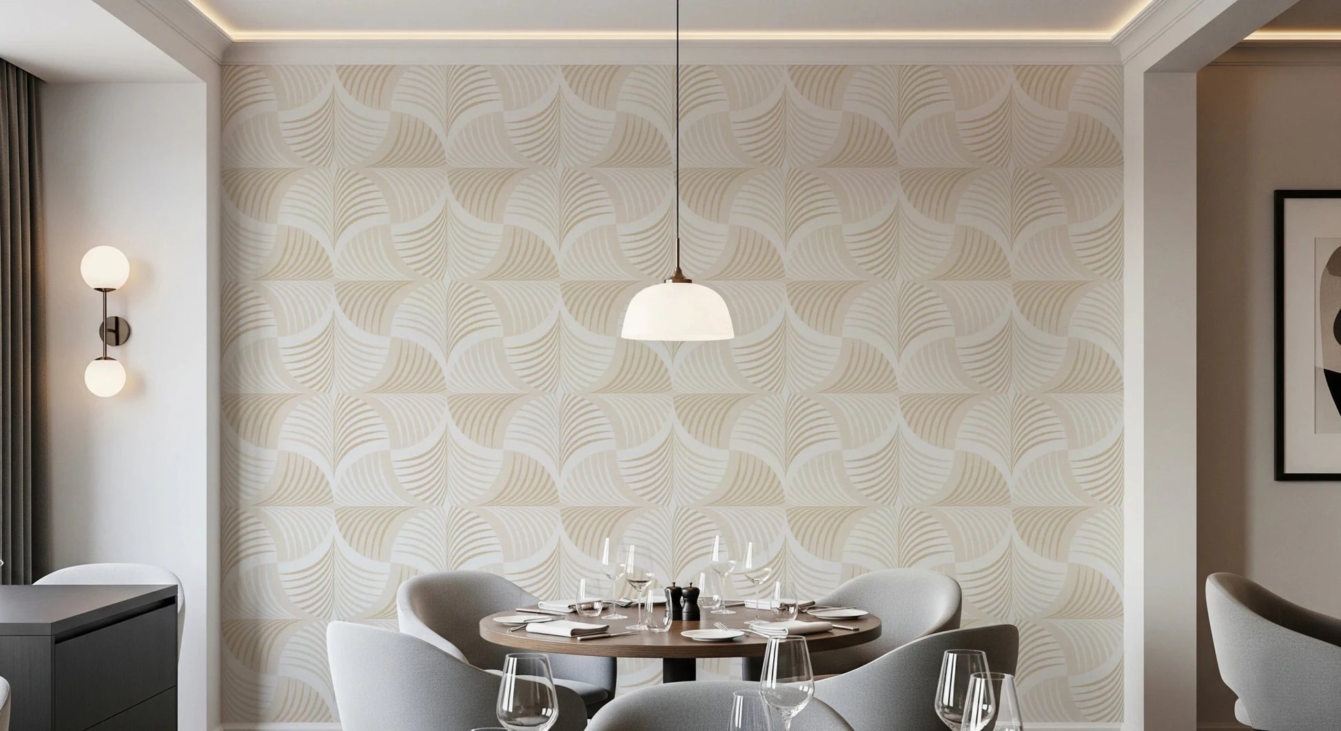 Art Deco Botanical Palm Fan Soft White Beige wallpaper behind a round dining table and grey chairs