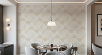 Art Deco Botanical Palm Fan Soft White Beige wallpaper behind a round dining table and grey chairs