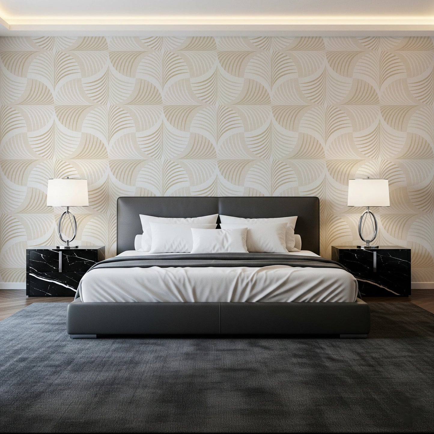 Art Deco Botanical Palm Fan Soft White Beige wallpaper behind a grey leather bed and black marble nightstands