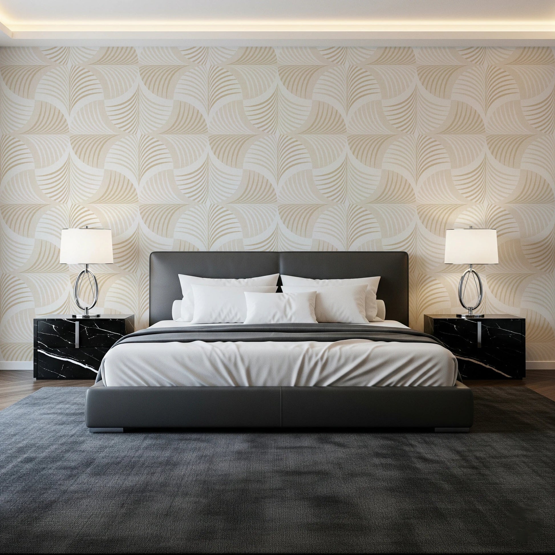 Art Deco Botanical Palm Fan Soft White Beige wallpaper behind a grey leather bed and black marble nightstands