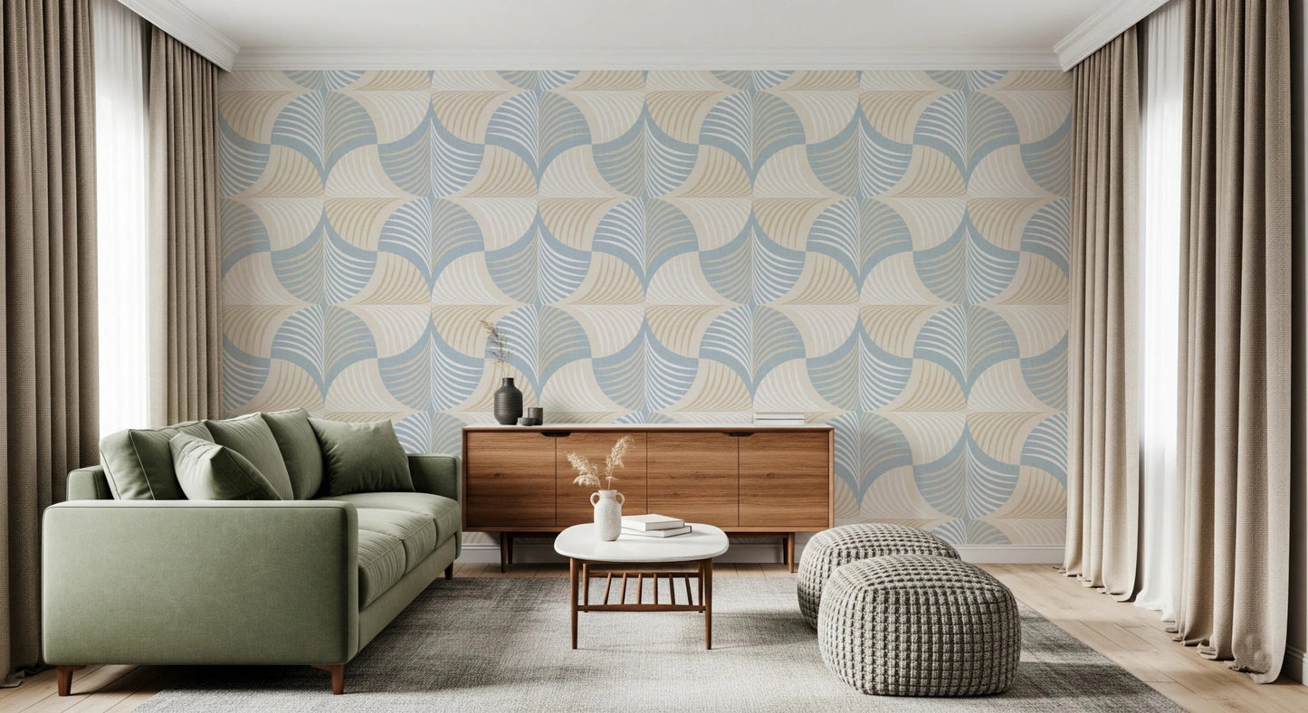 Art Deco Botanical Palm Fan – White Beige Blue Wallpaper⁠