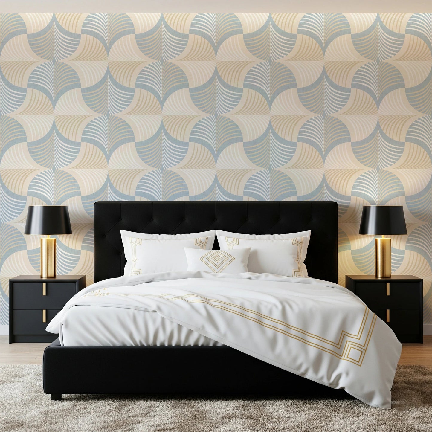 Art Deco Botanical Palm Fan – White Beige Blue Wallpaper⁠