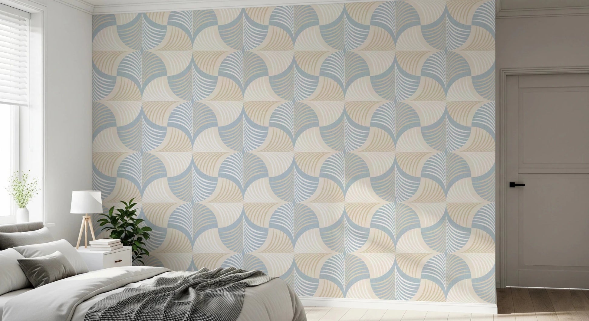 Art Deco Botanical Palm Fan – White Beige Blue Wallpaper⁠