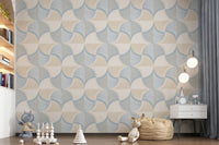 Art Deco Botanical Palm Fan – White Beige Blue Wallpaper⁠