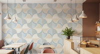 Art Deco Botanical Palm Fan – White Beige Blue Wallpaper⁠