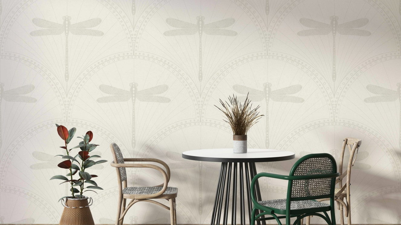 Art Deco-inspired dragonfly wallpaper with metallic accents

