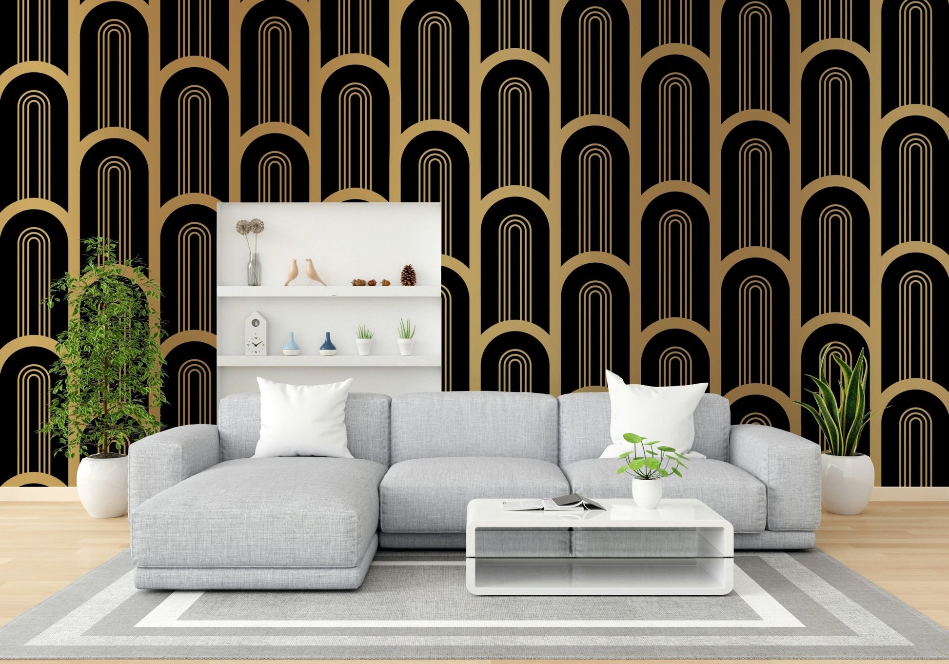 Elegant black and gold wallpaper mural with vintage-inspired lines.

