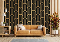 Art Deco Wall Mural with black and gold repeating column pattern.

