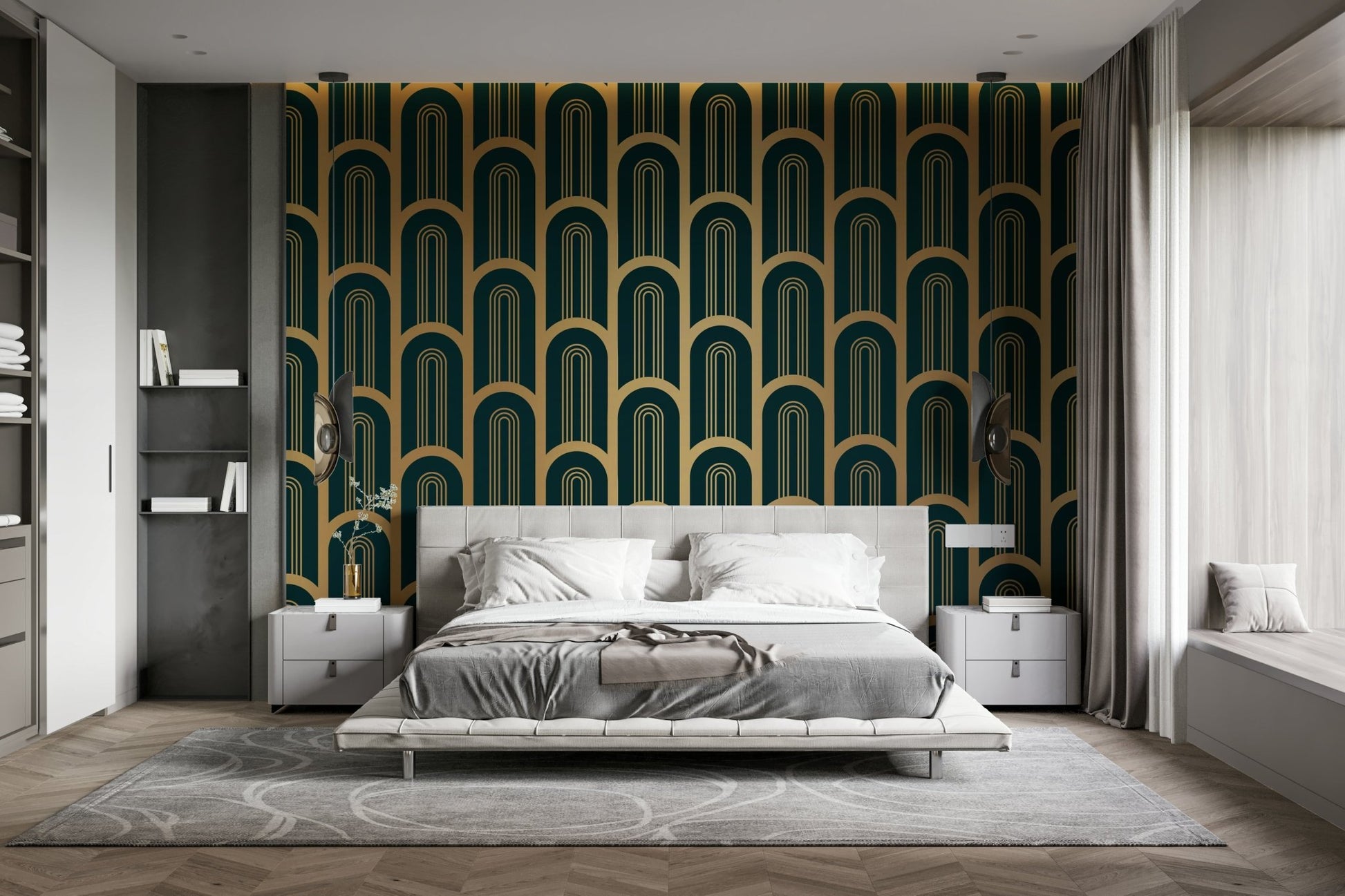 Striking cyan and gold Art Deco wallpaper mural for grand spaces

