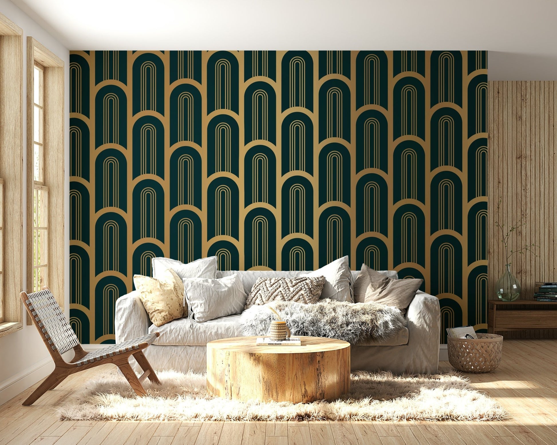 Elegant Art Deco wall mural with gold and cyan colors

