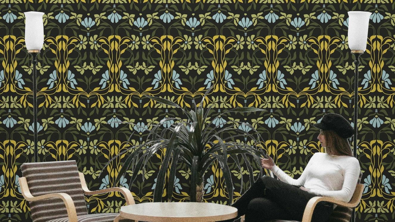 Art Nouveau wallpaper with blooming floral curves

