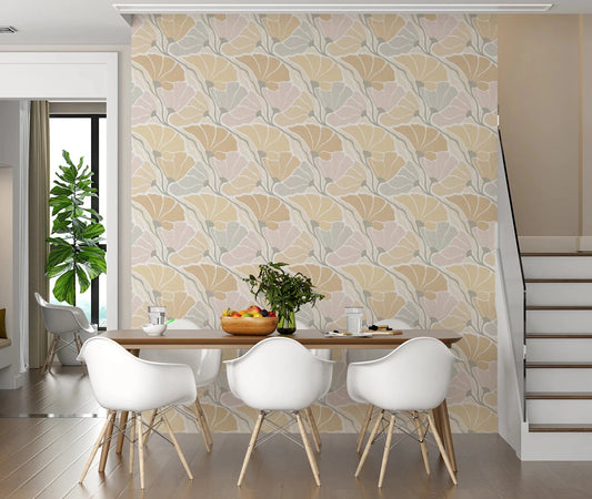Art Nouveau Botanica Fan Flow Earthy Tones wallpaper behind a wood dining table and white chairs by a staircase