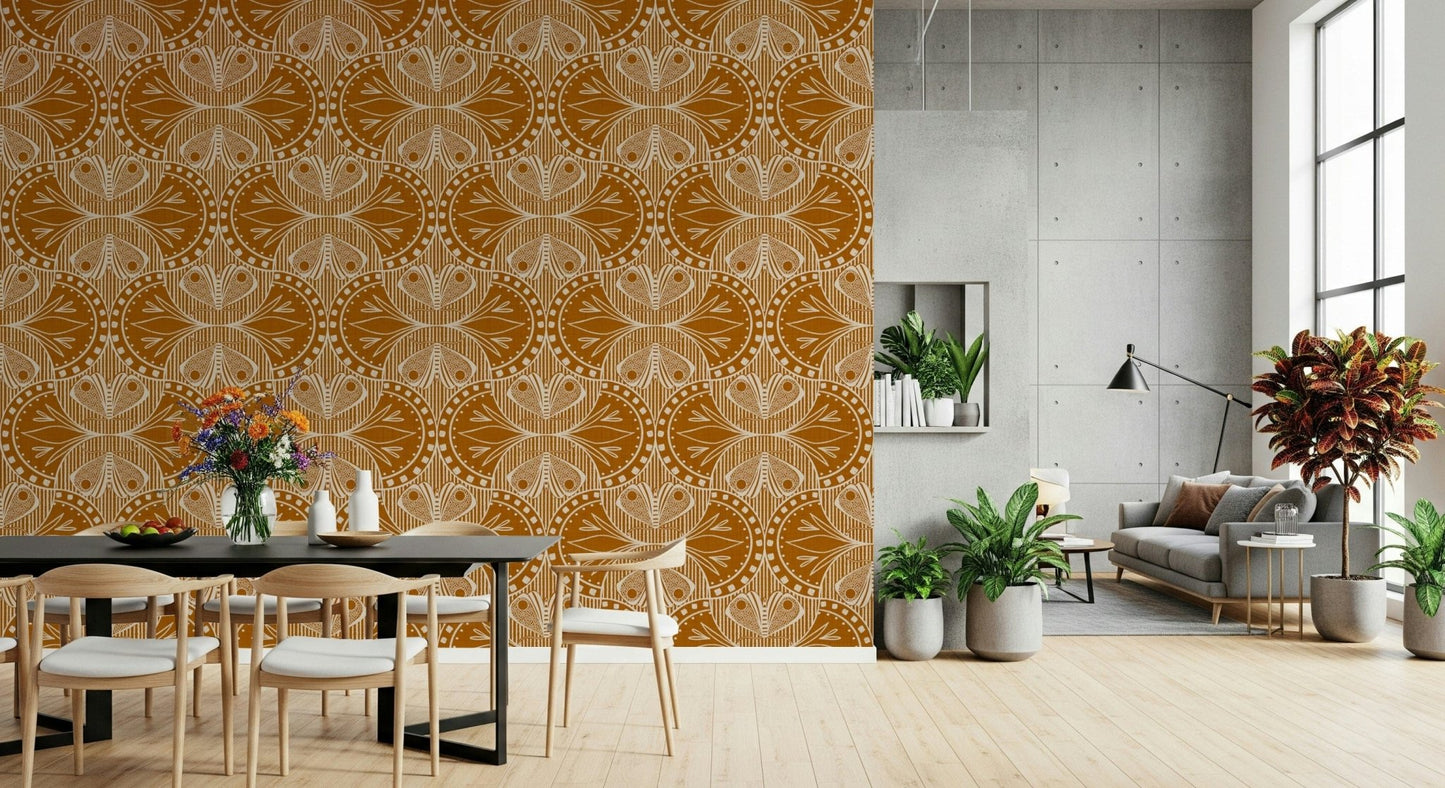 Orange and cream aesthetic symmetrical peel and stick moth pattern print.