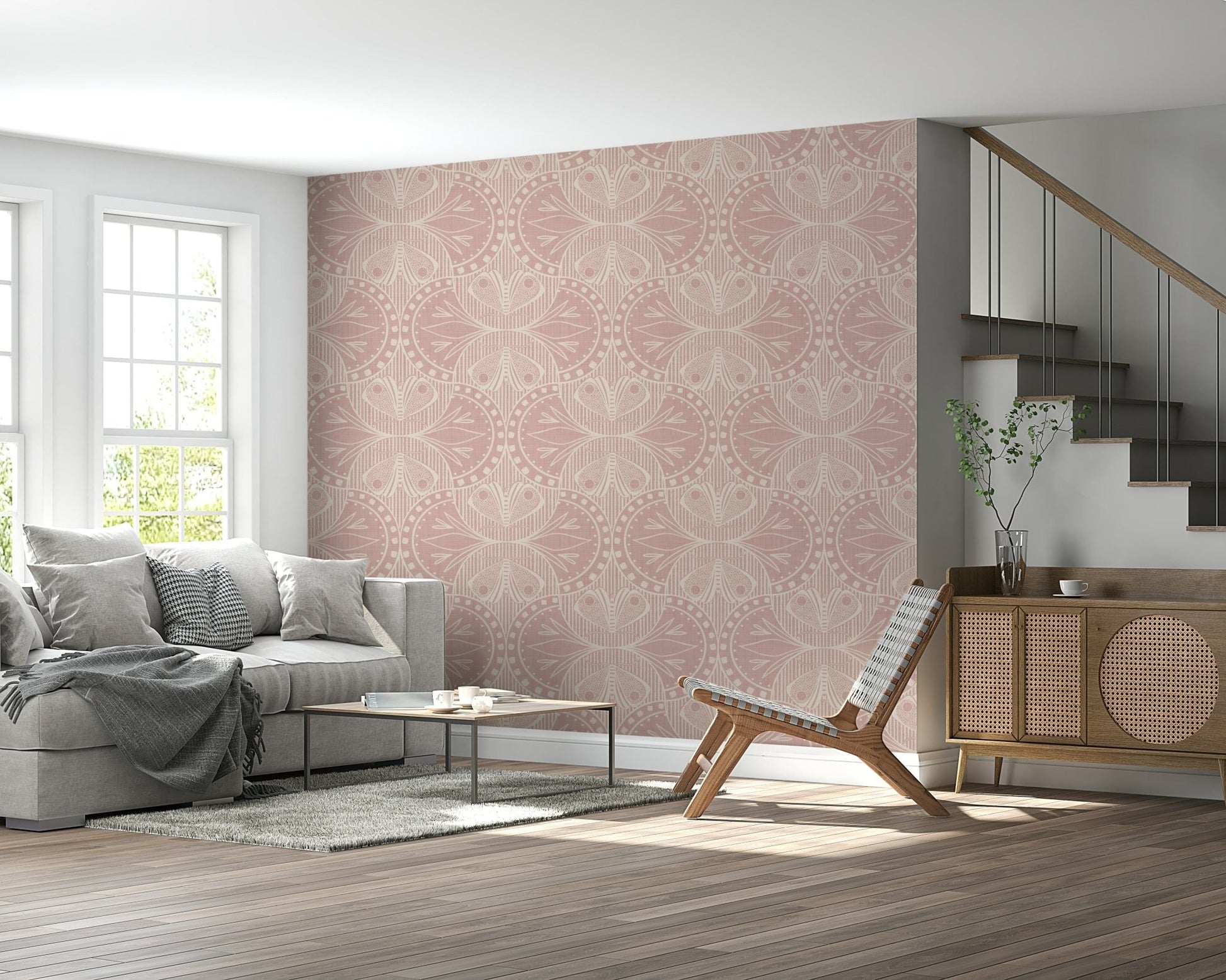 Dusty Pink moth and floral Art Nouveau peel and stick wall art.