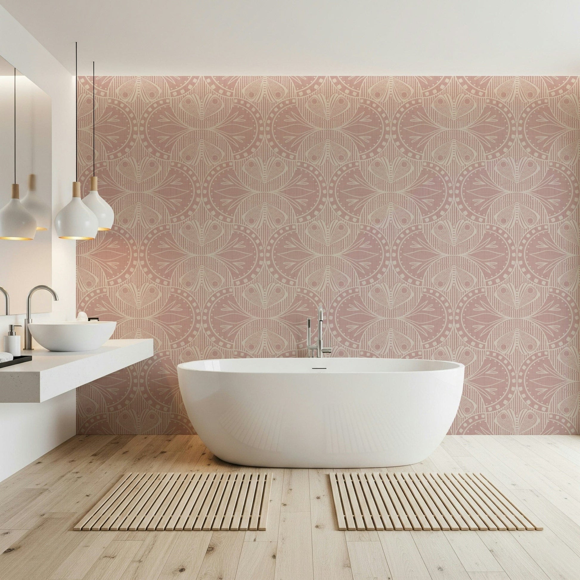 Pink Art Nouveau Butterfly Floral repeating pattern subtle colors.