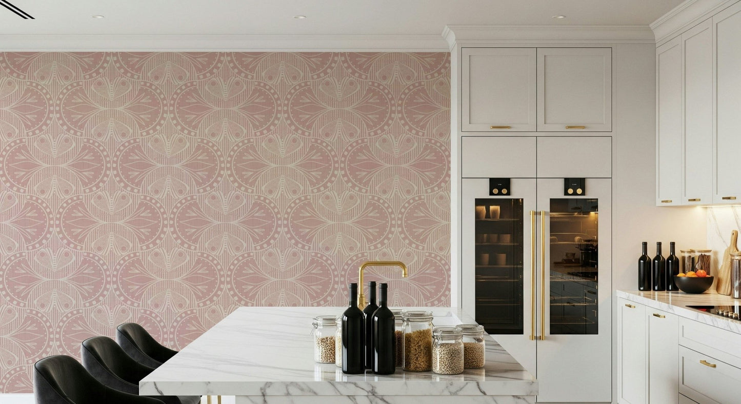 Elegant Dusty Pink butterfly motif Art Nouveau wall covering design.