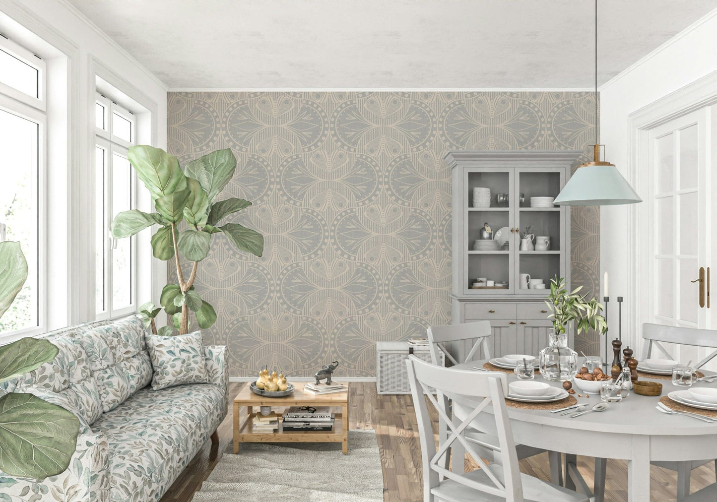 Artistic butterfly and leaves wallpaper, curving shapes, peaceful neutral shade.