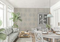 Artistic butterfly and leaves wallpaper, curving shapes, peaceful neutral shade.