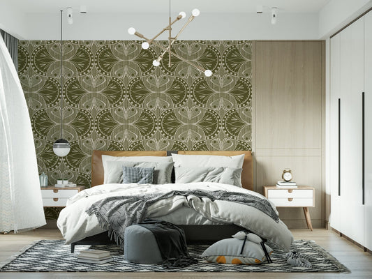 Vintage butterfly motif wall mural, vertical striped pattern, cream figures.