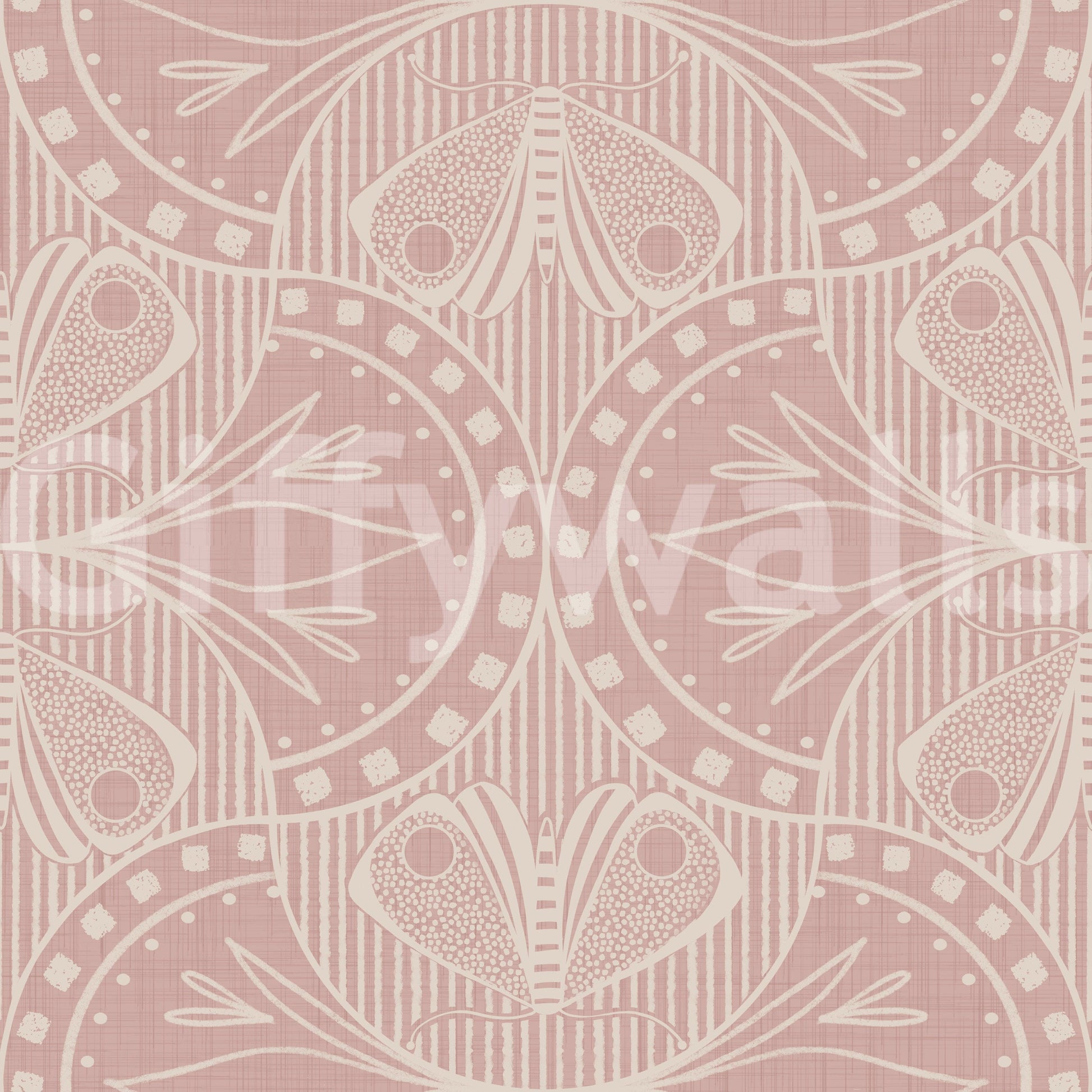 Moth and bloom repeat design Art Nouveau peel and stick wallpaper.