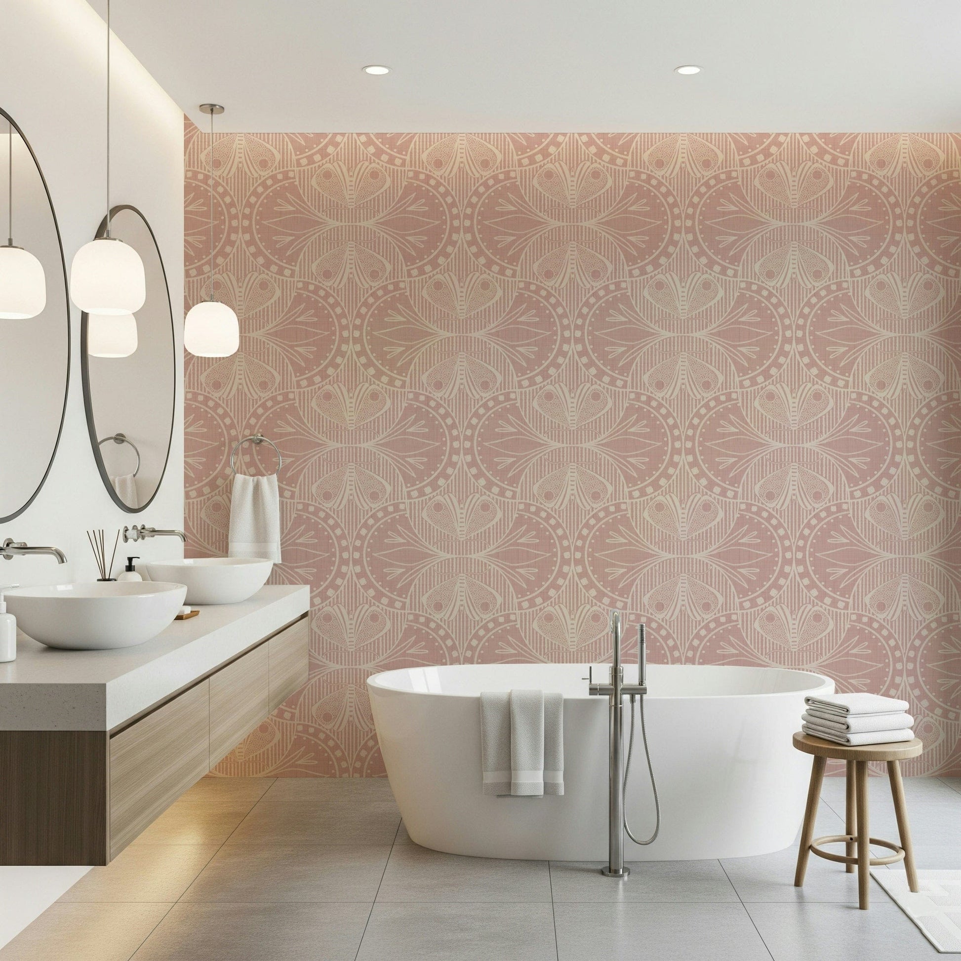 Cream and pink Art Nouveau Butterfly Floral intricate wallpaper print.