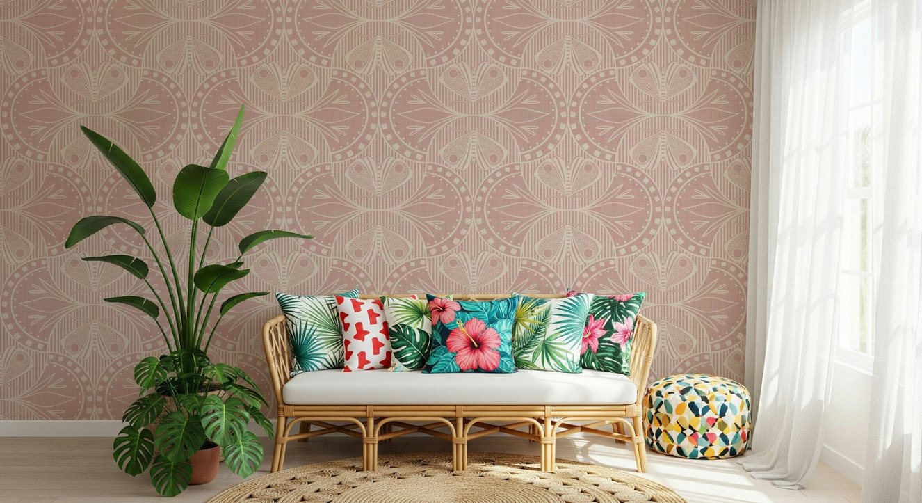 Intricate Dusty Pink Art Nouveau butterfly wallpaper design statement.