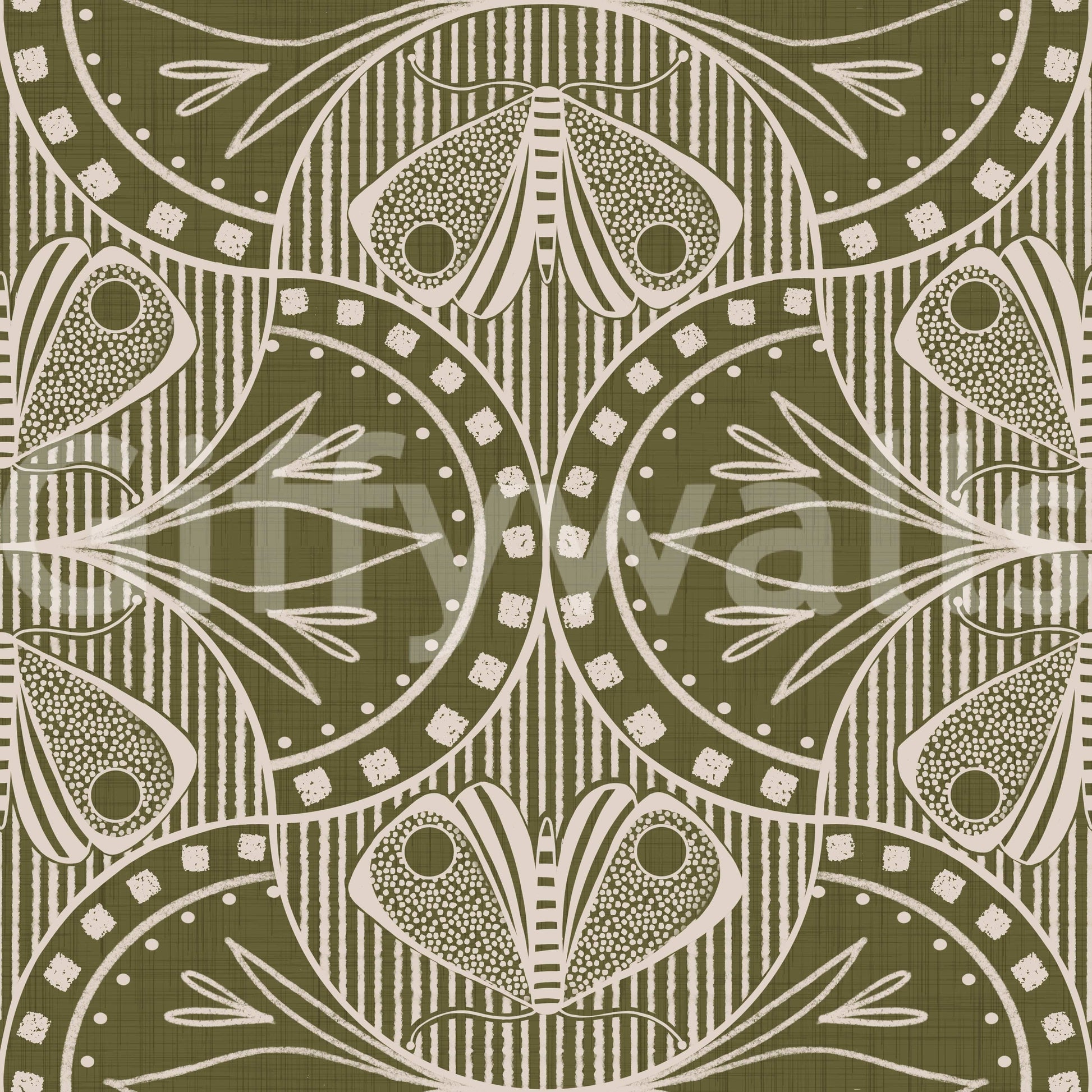 Artistic butterfly and vine wallpaper, curvilinear lines, striking sage hue.