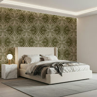 Olive drab wallpaper for walls, symmetrical moth design, ornamental accent.
