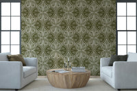 Bespoke wallpaper with winged creatures, detailed print, military tone.