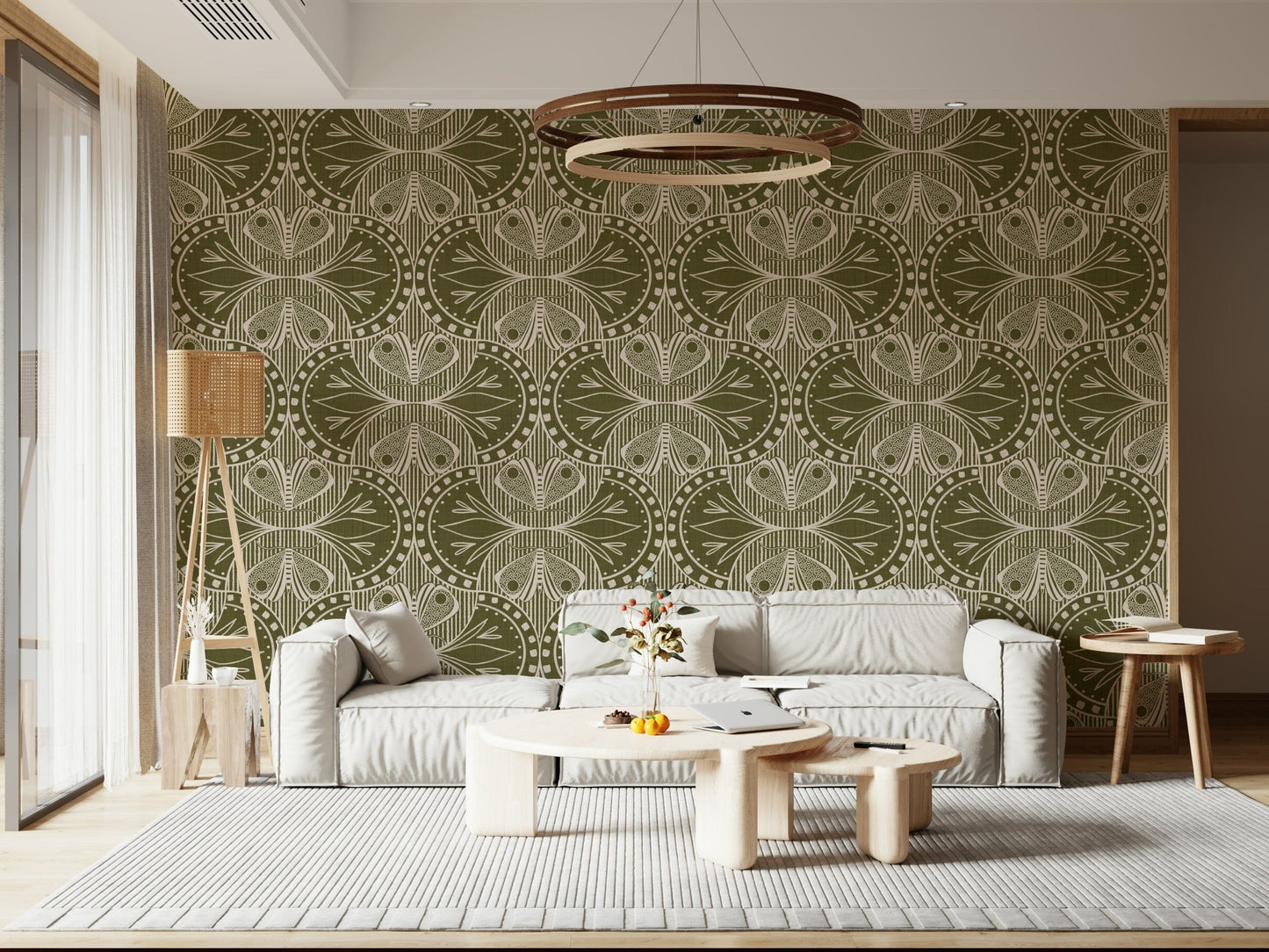 Art Nouveau Butterfly Floral in Olive Drab, decorative artistic style, opulent wallpaper.