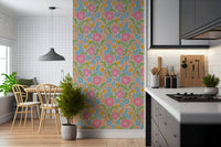 Wallpaper for walls, Maybelle, sunburst geometry, teal and mustard.