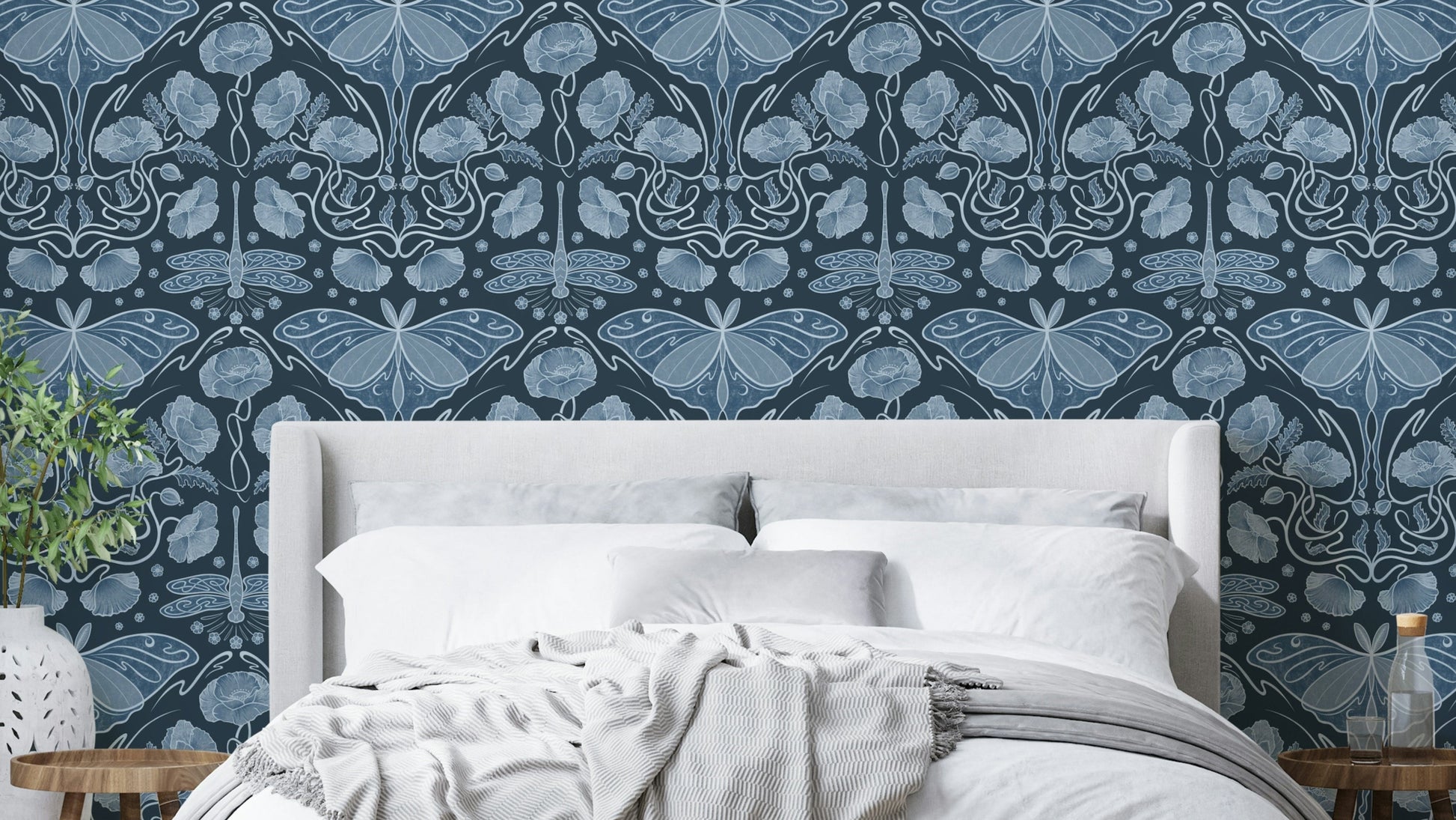 Art Nouveau blue wallpaper with poppies

