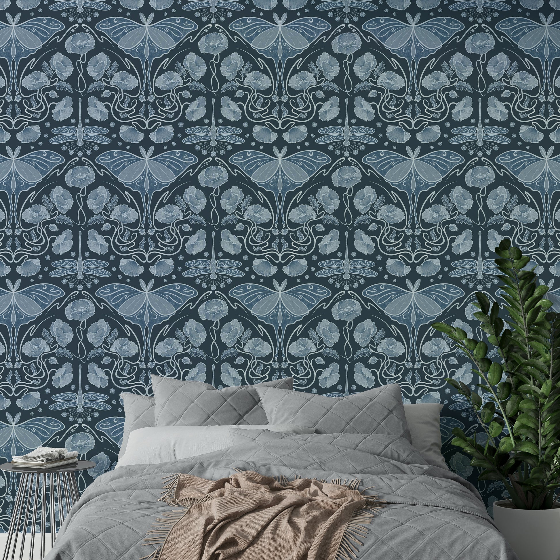 Artistic wallpaper with blue poppy patterns

