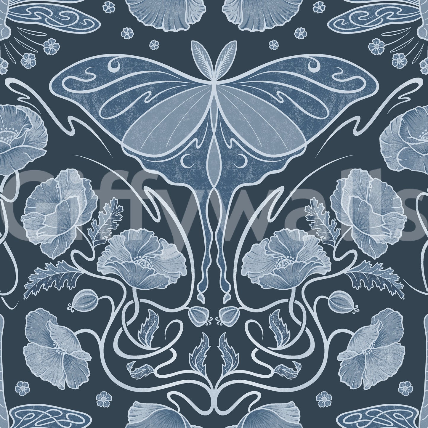 Art Nouveau Poppies & Luna Moth Blue Wallpaper