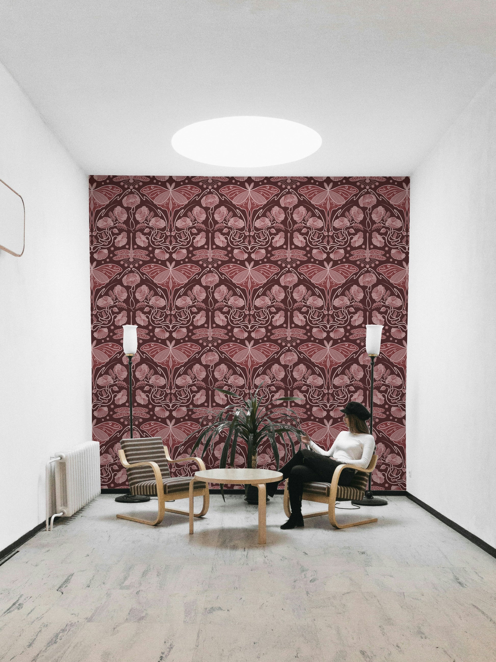 Artistic wall design in deep crimson hues

