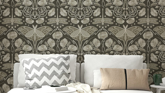 Art Nouveau sepia wallpaper with poppies

