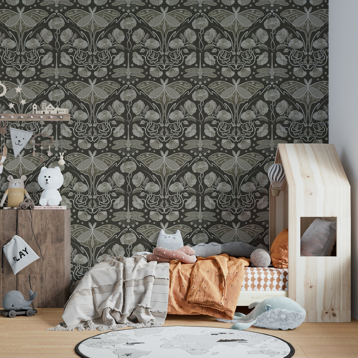 Decorative wallpaper with luna moth details

