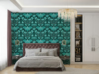 Floral and moth design in bold teal hues

