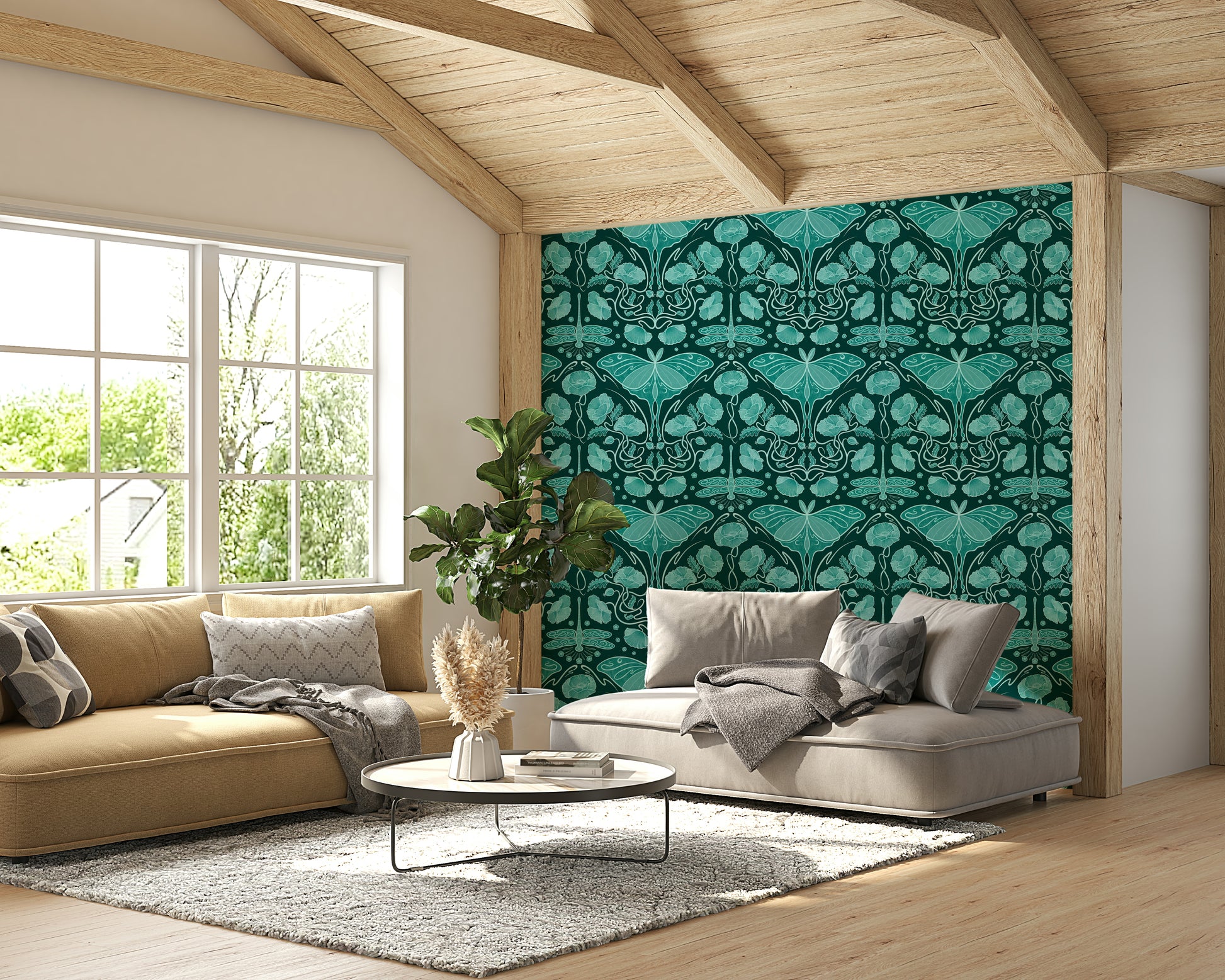 Decorative teal wallpaper in vintage style

