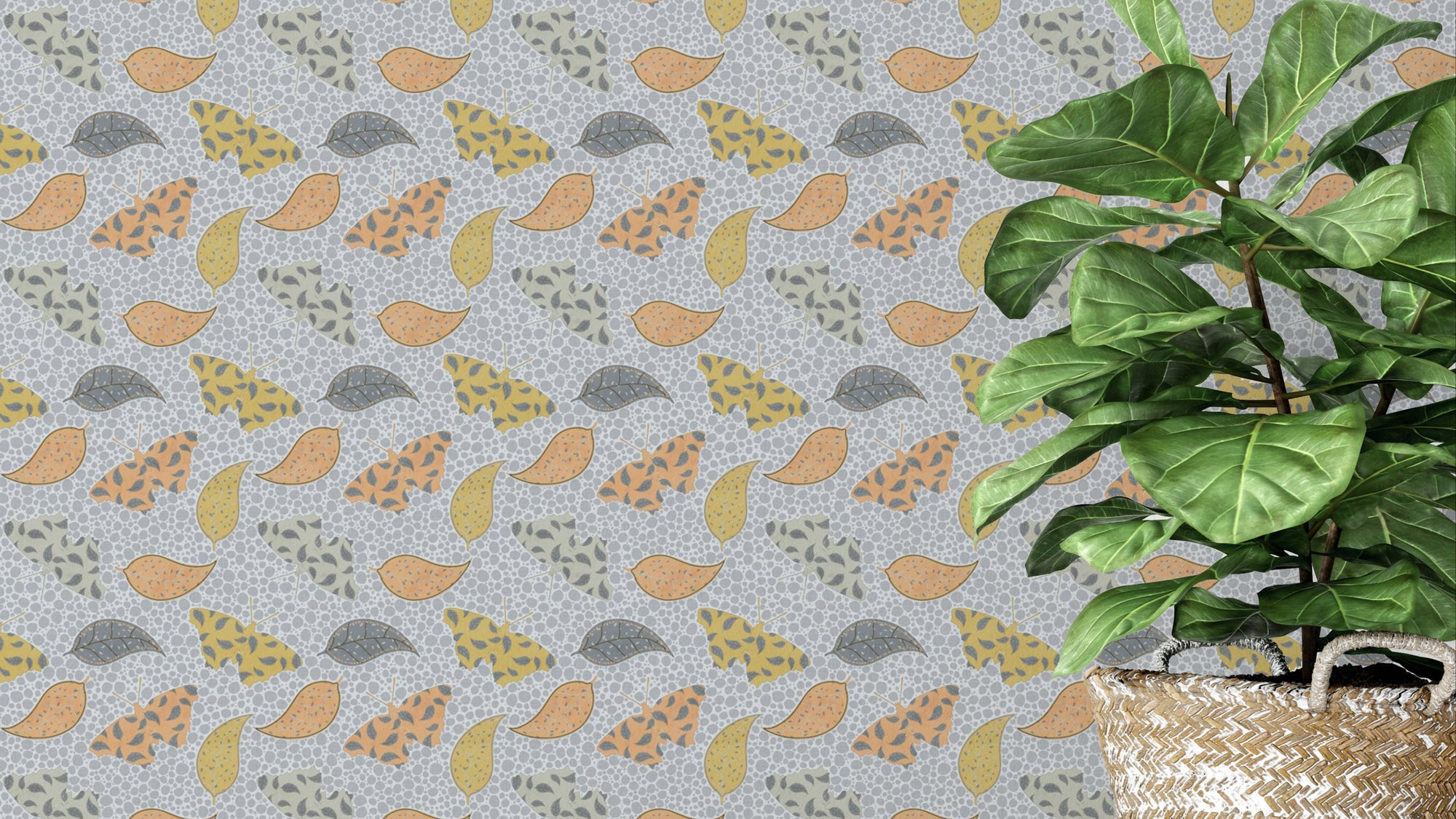 Detailed Butterflies wallpaper in yellow and orange beside a fiddle-leaf fig plant in a basket