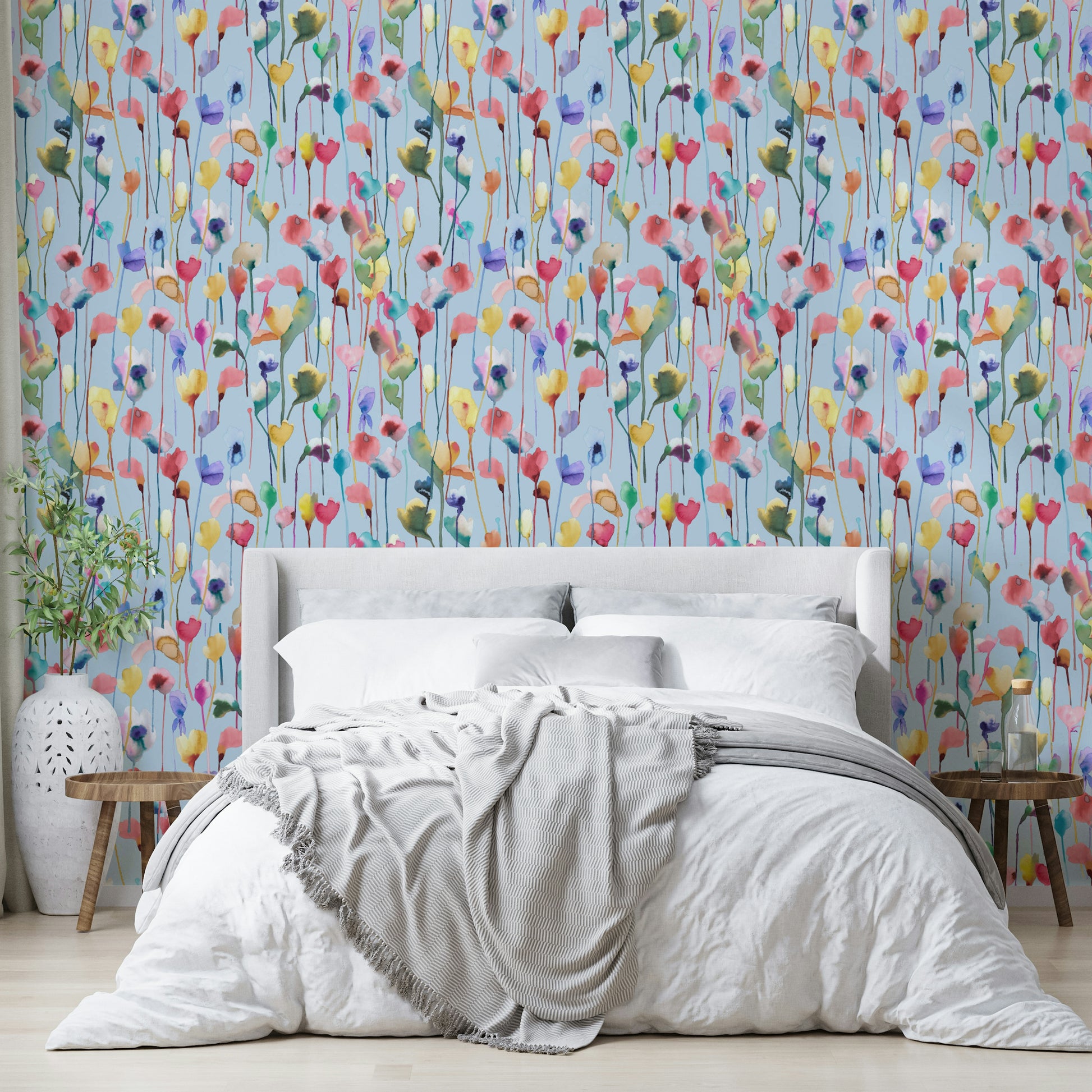 Watercolor mural with loose flowers and painterly textures.

