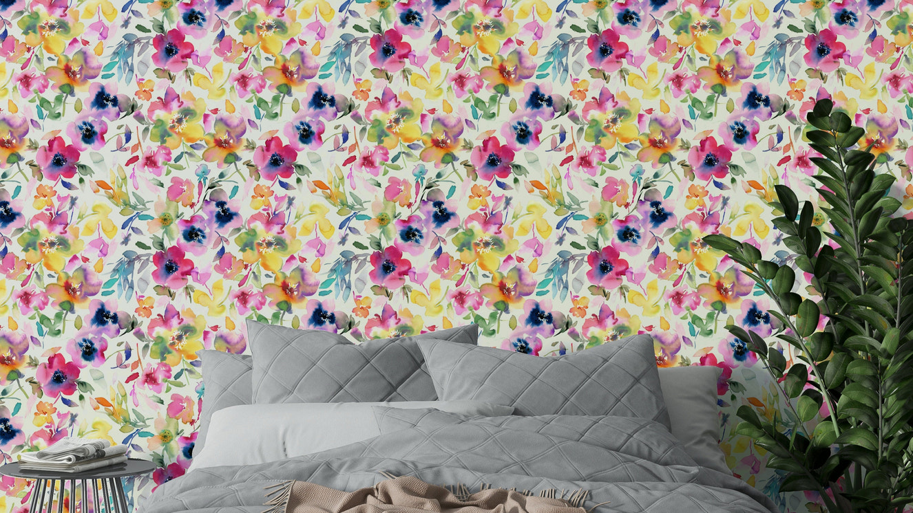 Hand-painted summer flowers on decorative wallpaper

