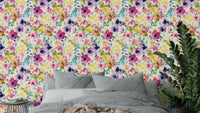 Hand-painted summer flowers on decorative wallpaper

