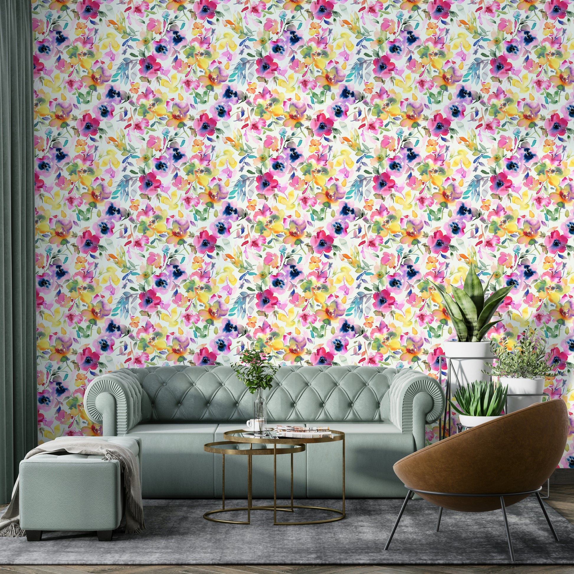 Fresh watercolor flowers on summer-themed wallpaper

